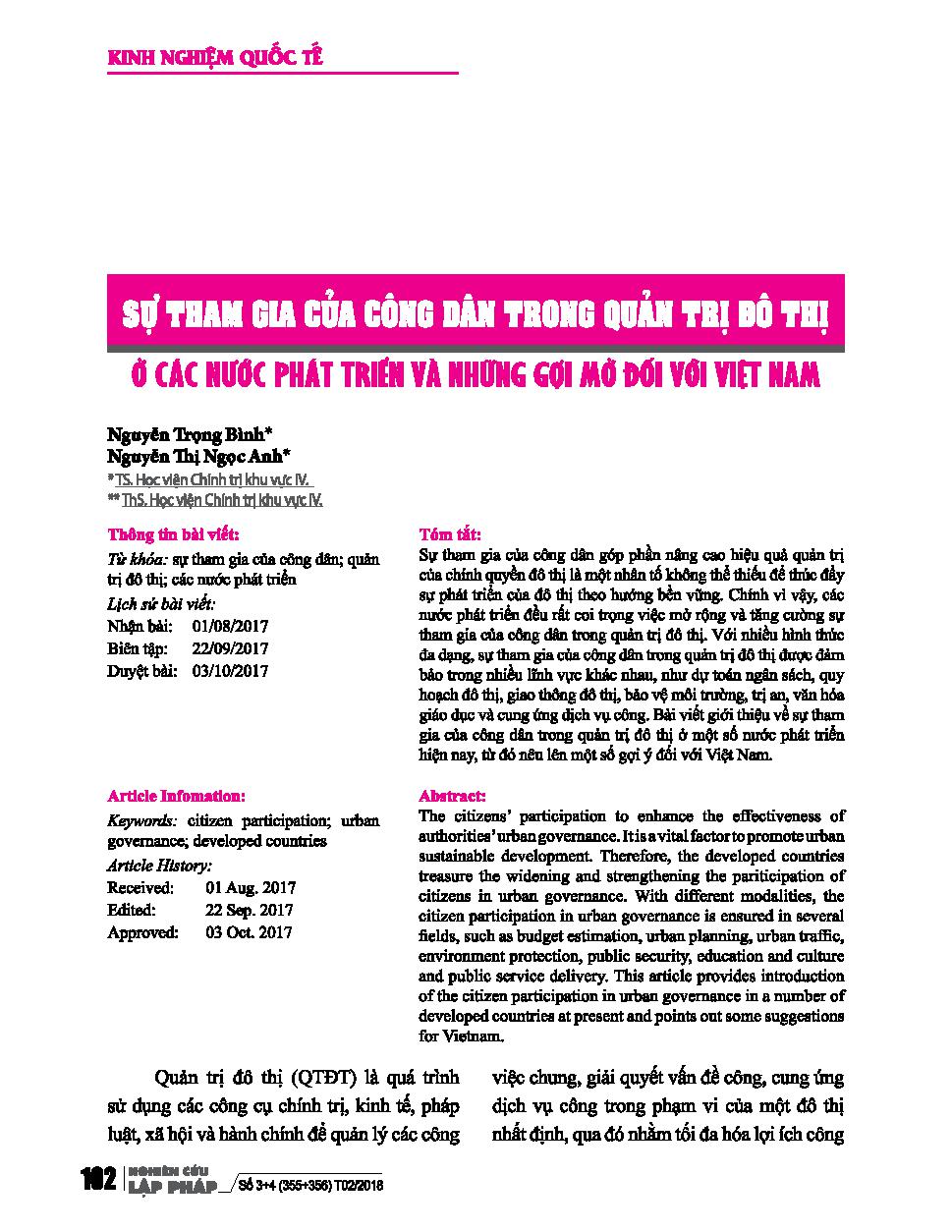 Sự tham gia của công dân trong quản trị đô thi ở các nước phát triển và những gợi mở đối với Việt Nam