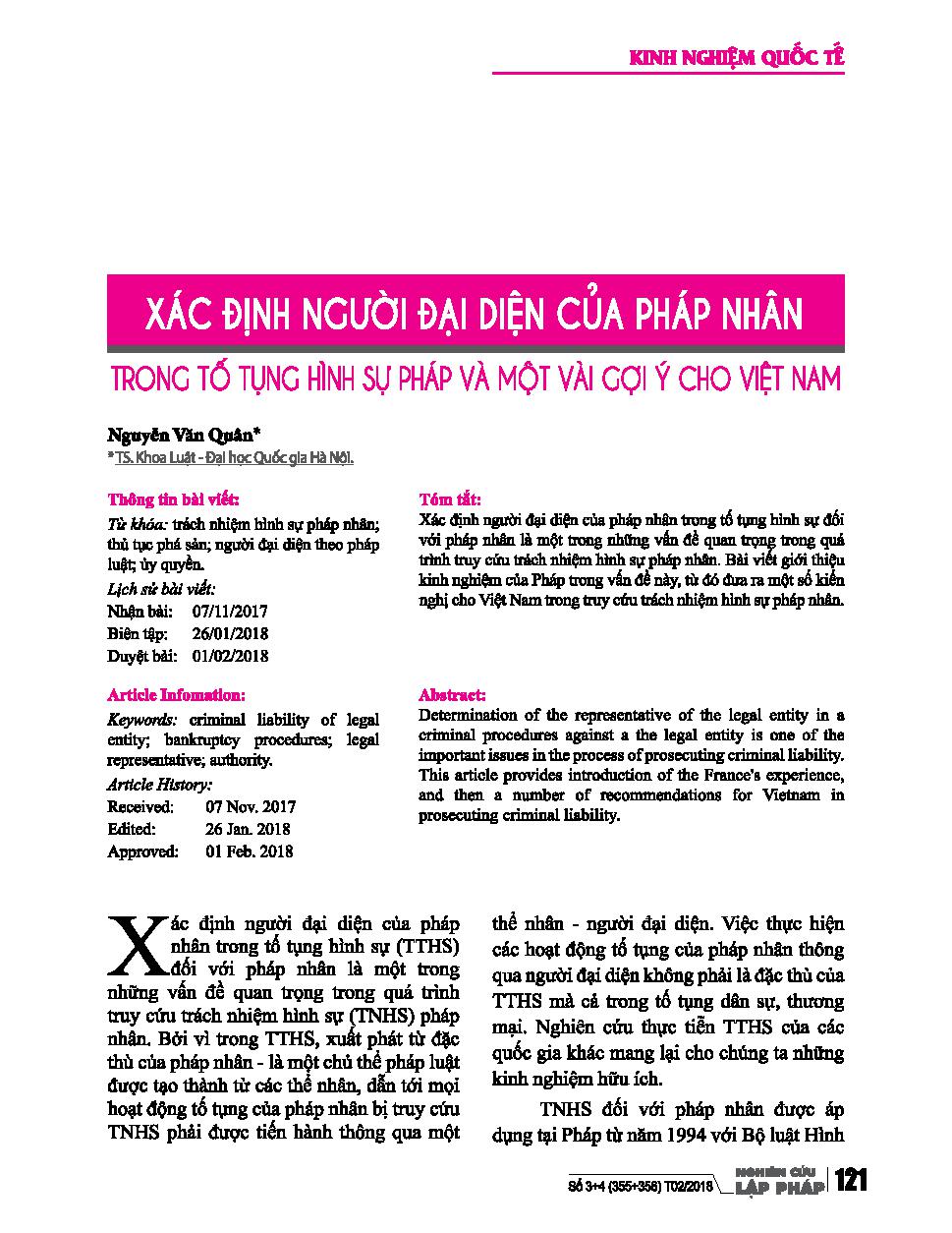 Xác định người đại diện của pháp nhân trong tố tụng hình sự Pháp và một số gợi ý cho Việt Nam