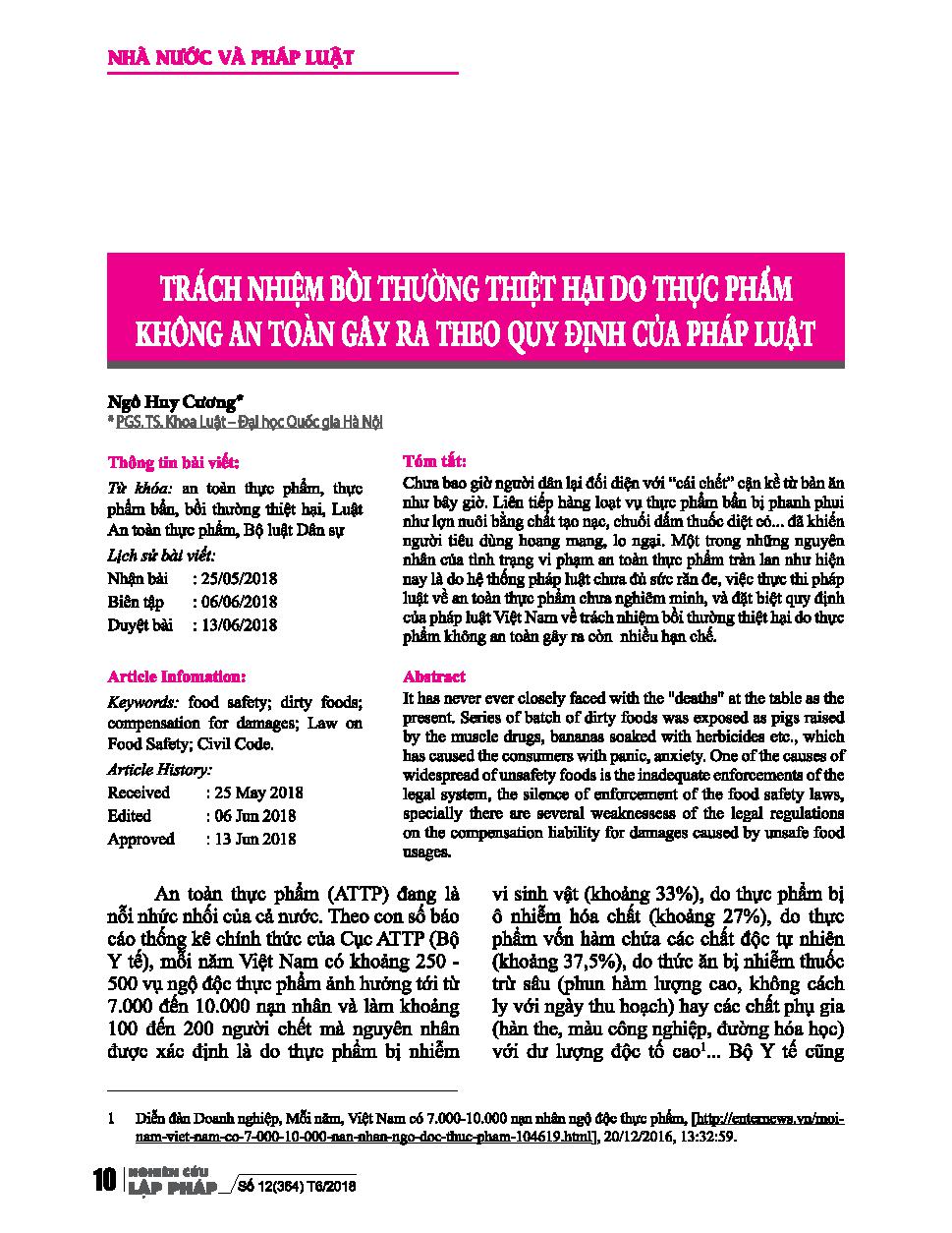 Trách nhiệm bồi thường thiệt hại do thực phẩm không an toàn gây ra theo quy định của pháp luật