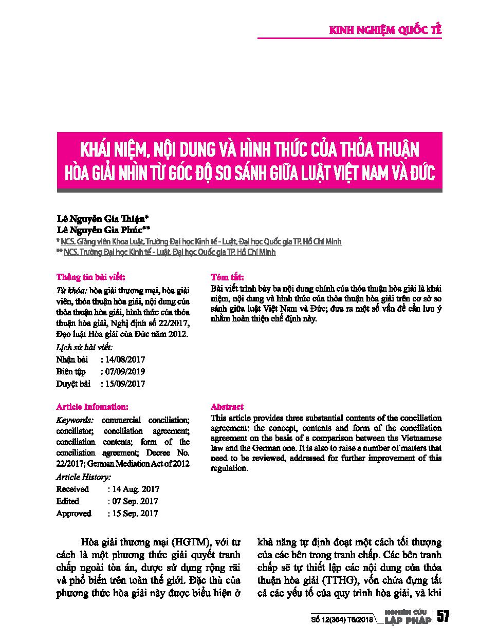 Khái niệm, nội dung và hình thức của thỏa thuận hòa giải nhìn từ góc độ so sánh giữa luật Việt Nam và Đức