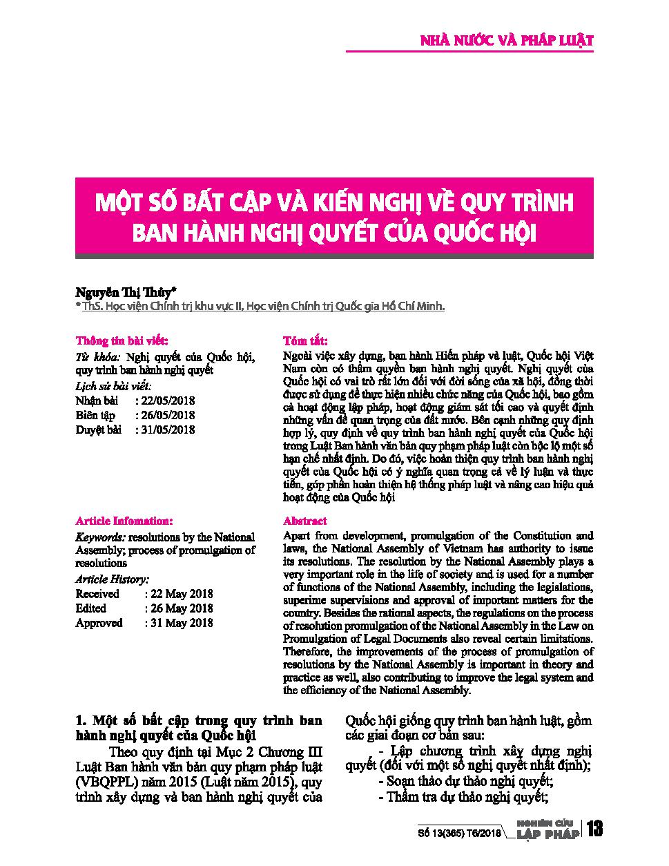 Một số bất cập và kiến nghị về quy trình ban hành nghị quyết của Quốc hội