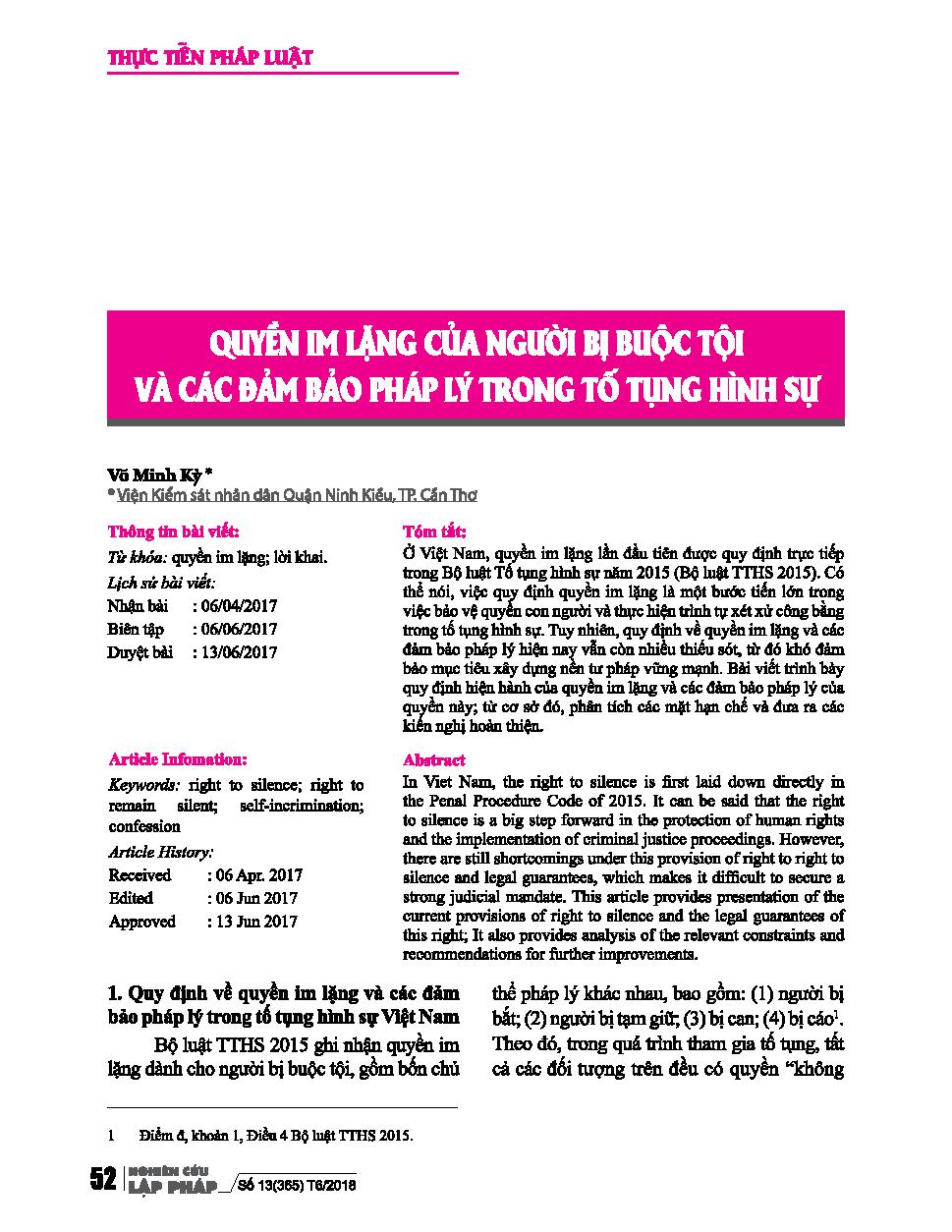 Quyền im lặng của người bị buộc tội và các đảm bảo pháp lý trong tố tụng hình sự