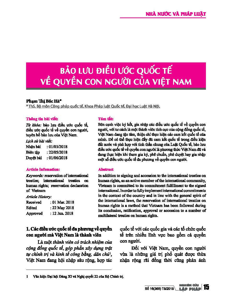 Bảo lưu điều ước quốc tế về quyền con người của Việt Nam