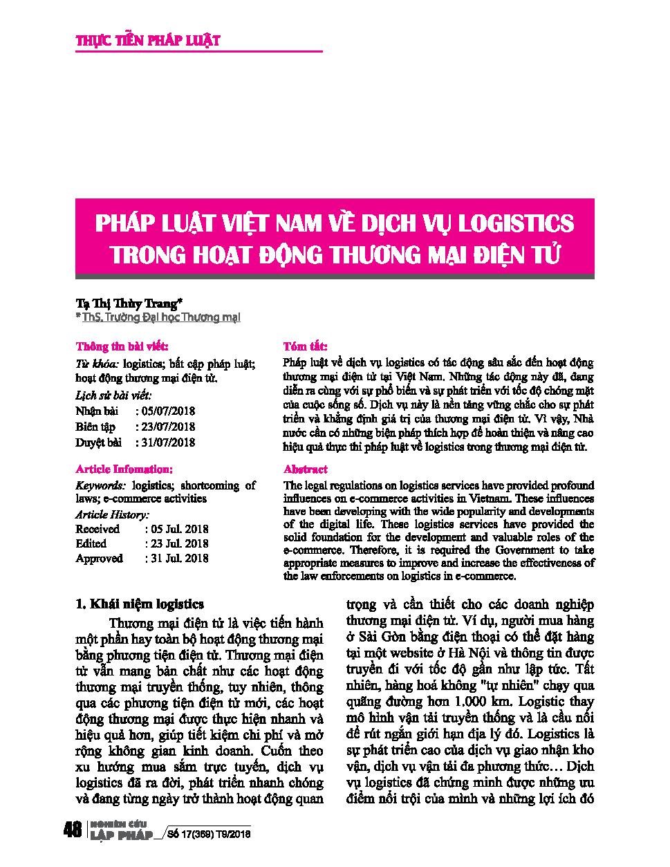 Pháp luật Việt Nam về dịch vụ Logistics trong hoạt động thương mại điện tử