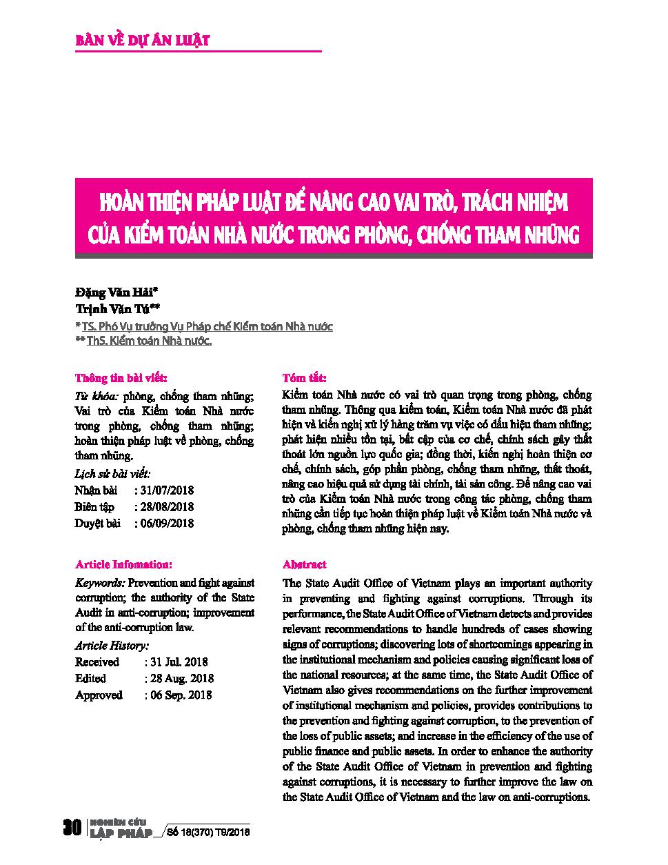 Hoàn thiện pháp luật để nâng cao vai trò, trách nhiệm của kiểm toán nhà nước trong phòng, chống tham nhũng