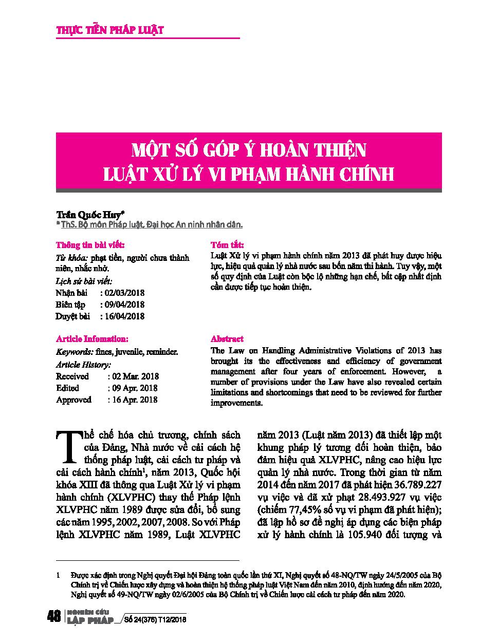 Một số góp ý hoàn thiện luật xử lý vi phạm hành chính