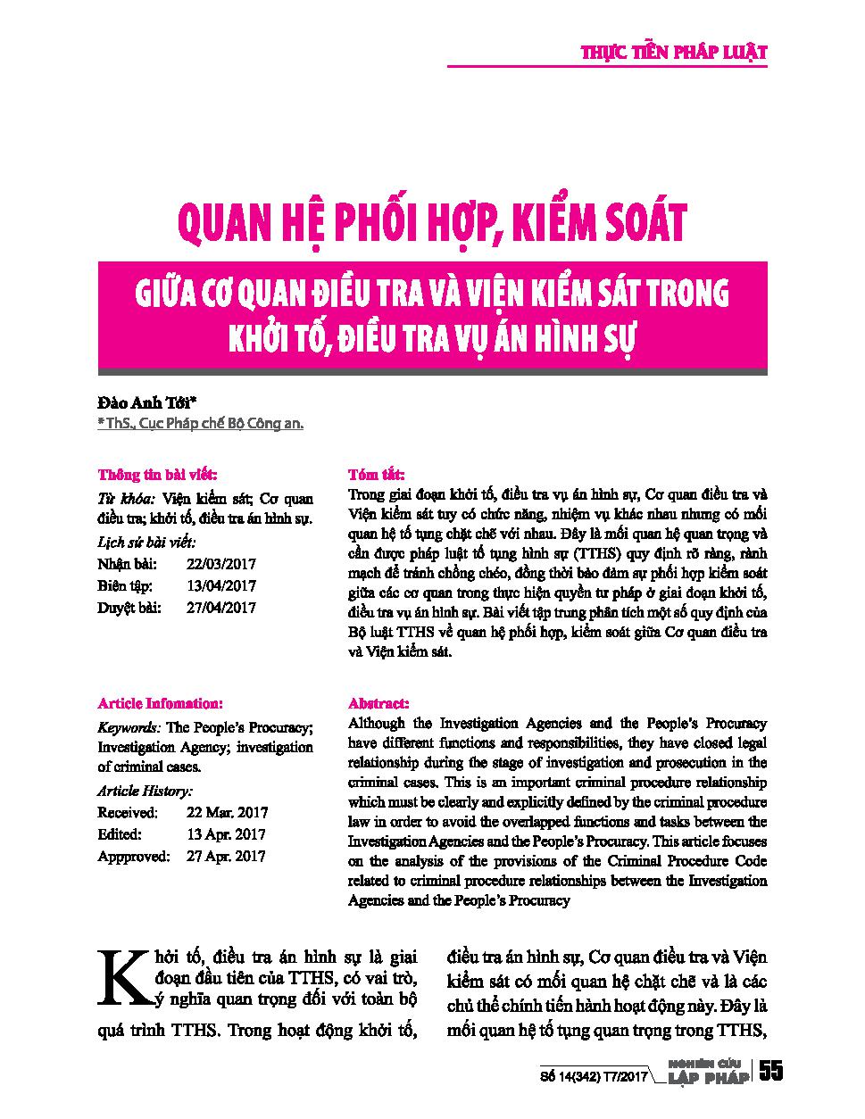 Quan hệ phối hợp, kiểm soát giữa cơ quan điều tra và viện kiểm sát trong khởi tố, điều tra vụ án hình sự