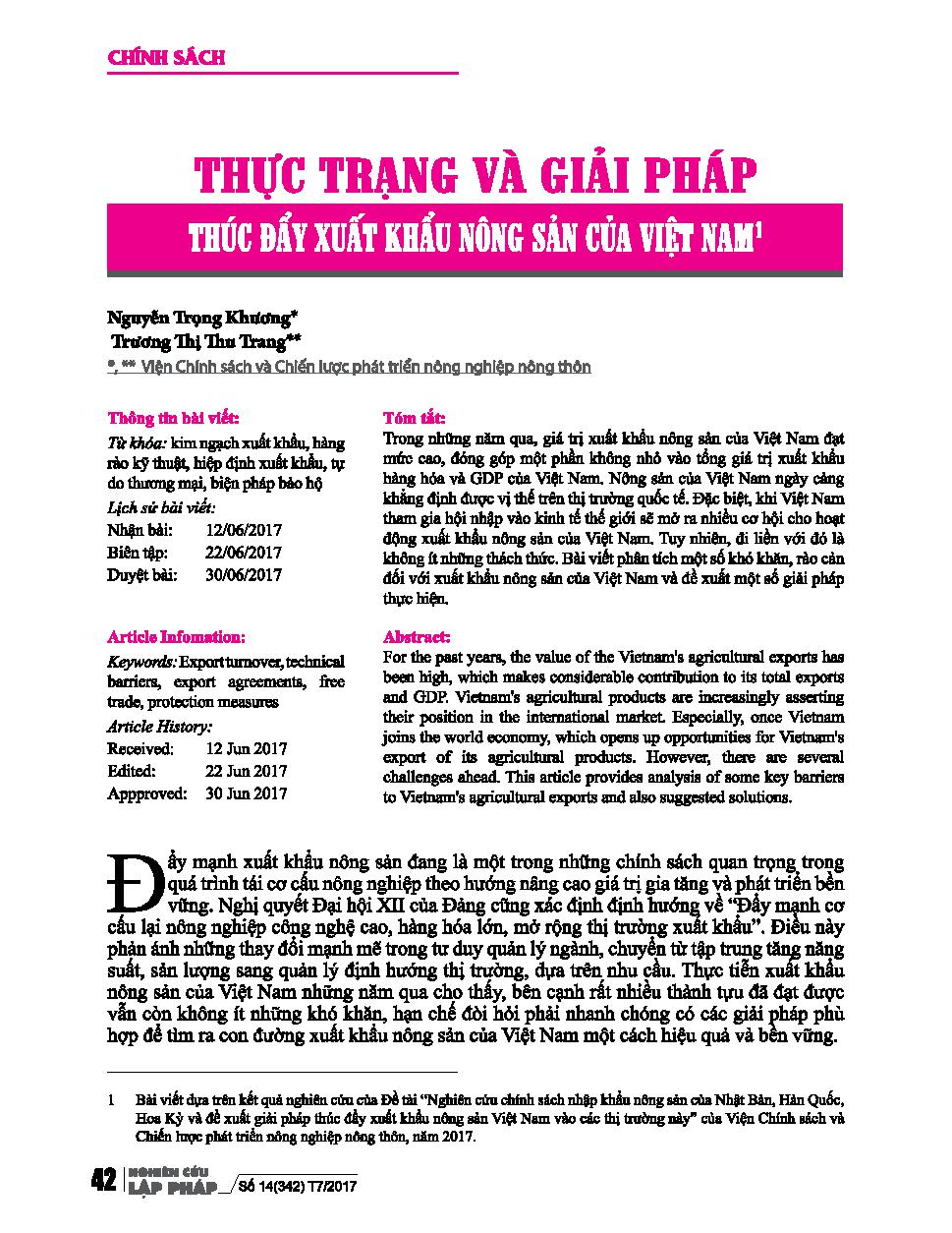 Thực trạng và giải pháp thúc đẩy xuất khẩu nông sản của Việt Nam