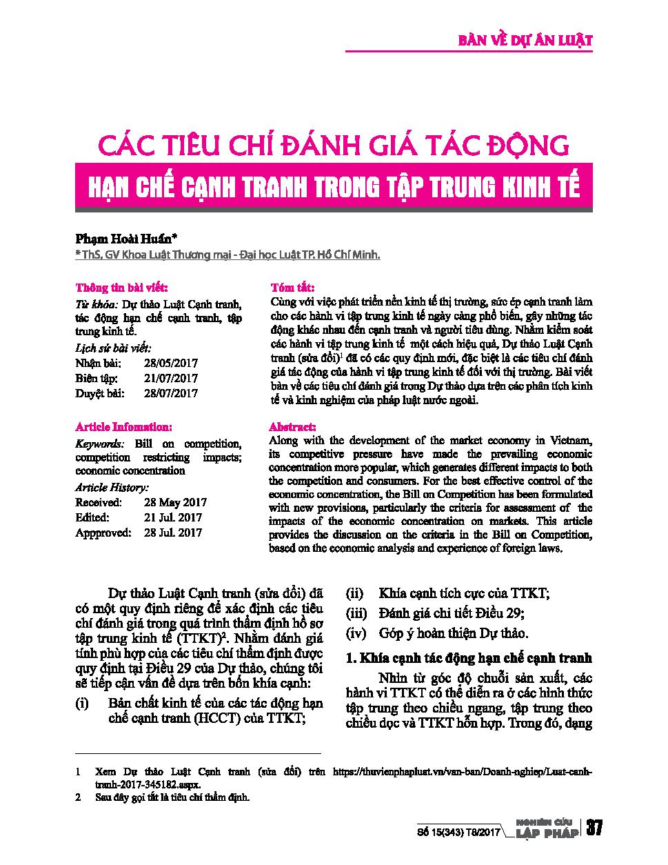 Các tiêu chí đánh giá tác động hạn chế cạnh tranh trong tập trung kinh tế