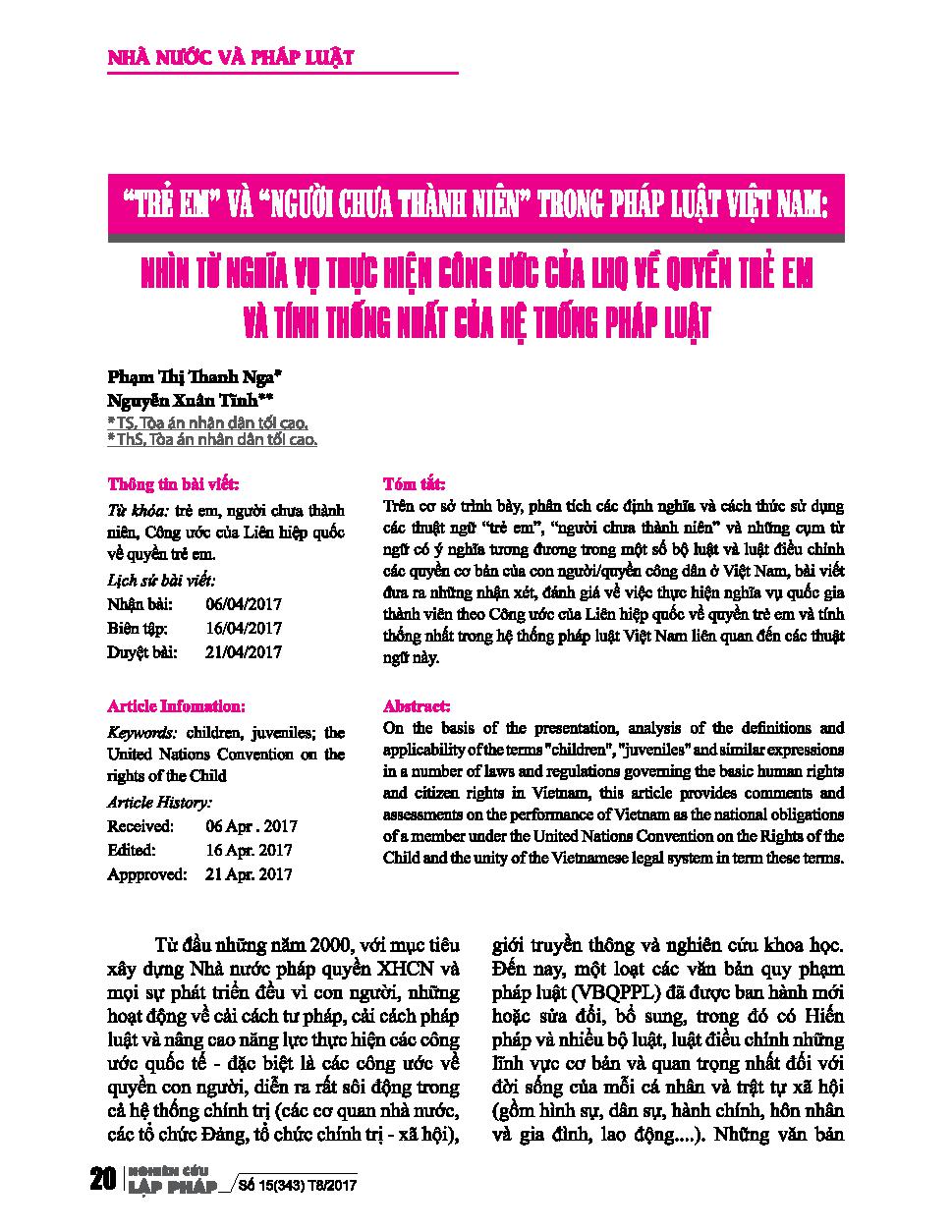 Trẻ em và "người chưa thành niên" trong pháp luật Việt Nam: Nhìn từ nghĩa vụ thực hiện Công ước của LHQ về quyền trẻ em và tính thống nhất của hệ thống pháp luật
