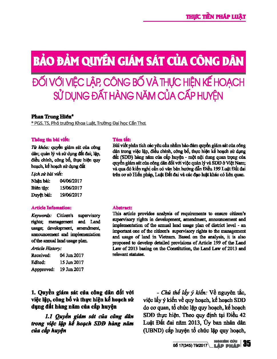 Bảo đảm quyền giám sát của công dân đối với việc lập, công bố và thực hiện kế hoạch sử dụng đất hàng năm của cấp huyện