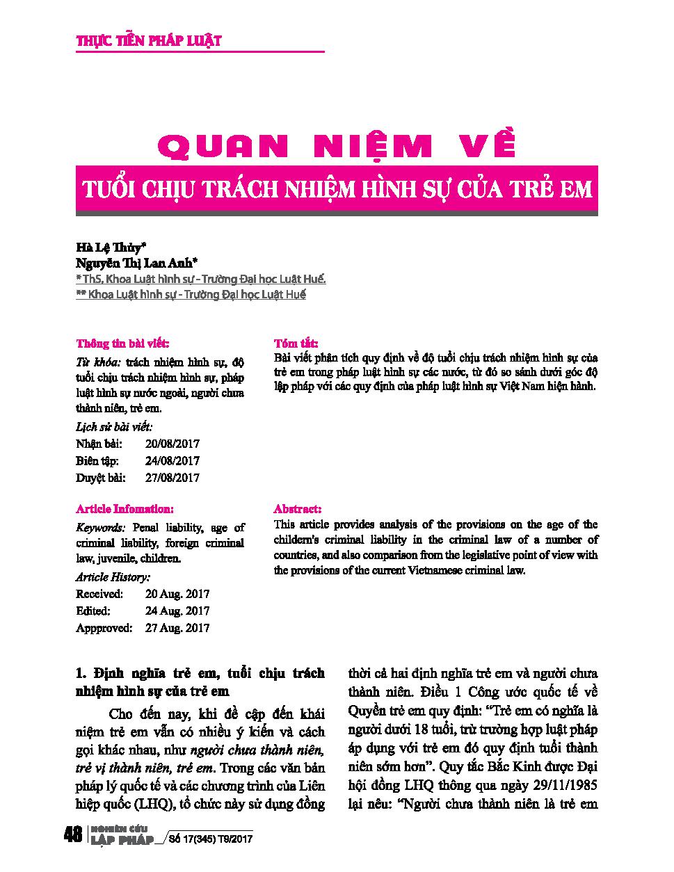 Quan niệm về tuổi chịu trách nhiệm hình sự của trẻ em