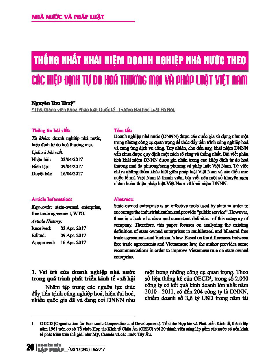 Thống nhất khái niệm doanh nghiệp nhà nước theo các hiệp định tự do hóa thương mại và pháp luật Việt Nam