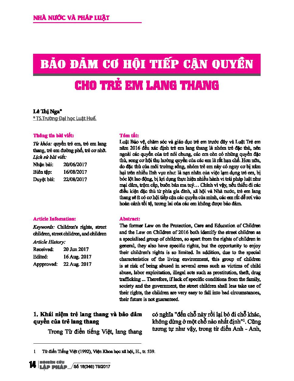 Bảo đảm cơ hội tiếp cận quyền cho trẻ em lang thang