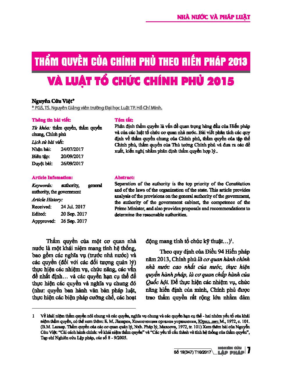 Thẩm quyền của chính phủ theo hiến pháp 2013 và luật tổ chức chính phủ 2015