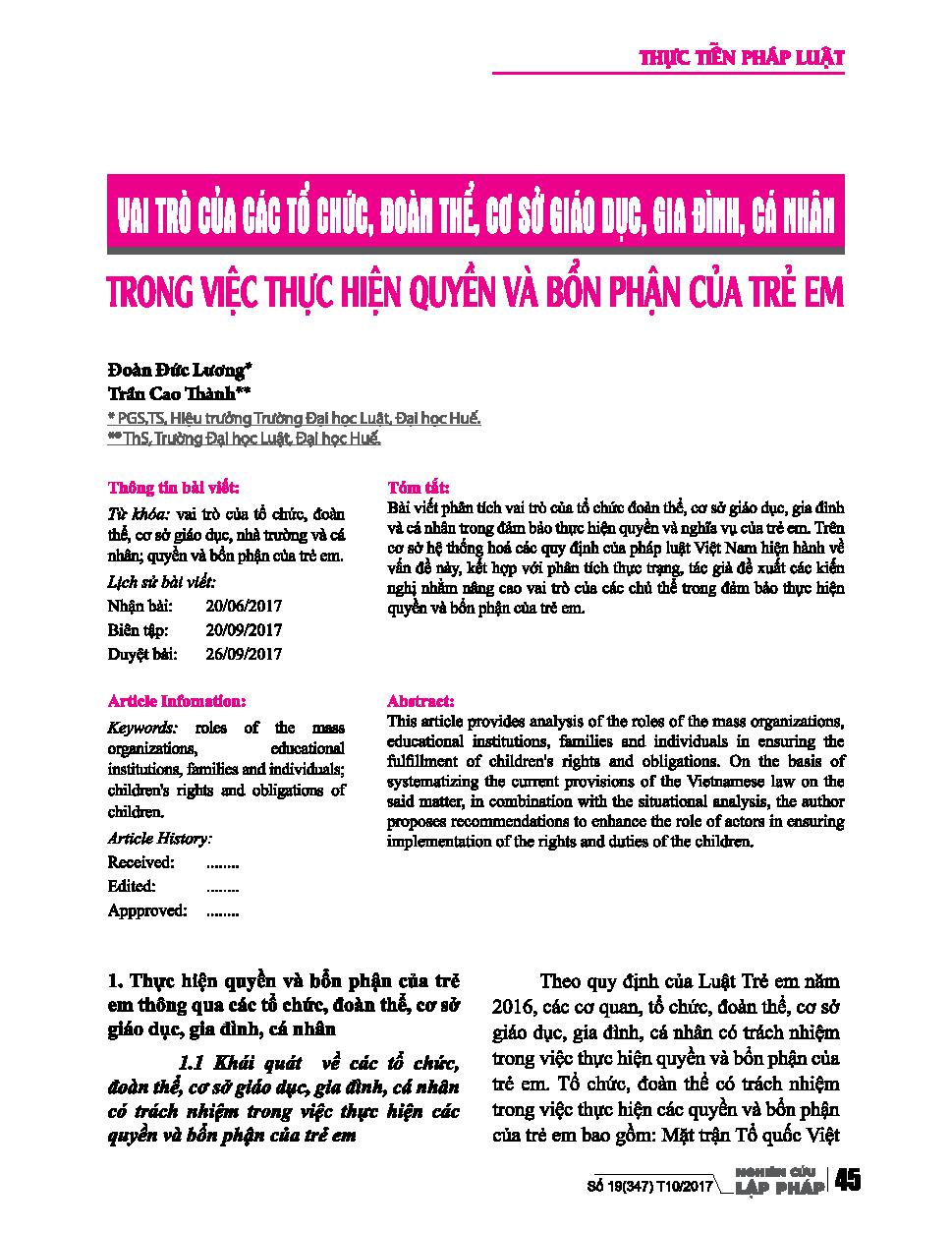 Vai trò của các tổ chức, đoàn thể, cơ sở giáo dục, gia đình, cá nhân trong việc thực hiện quyền và bổn phận của trẻ em