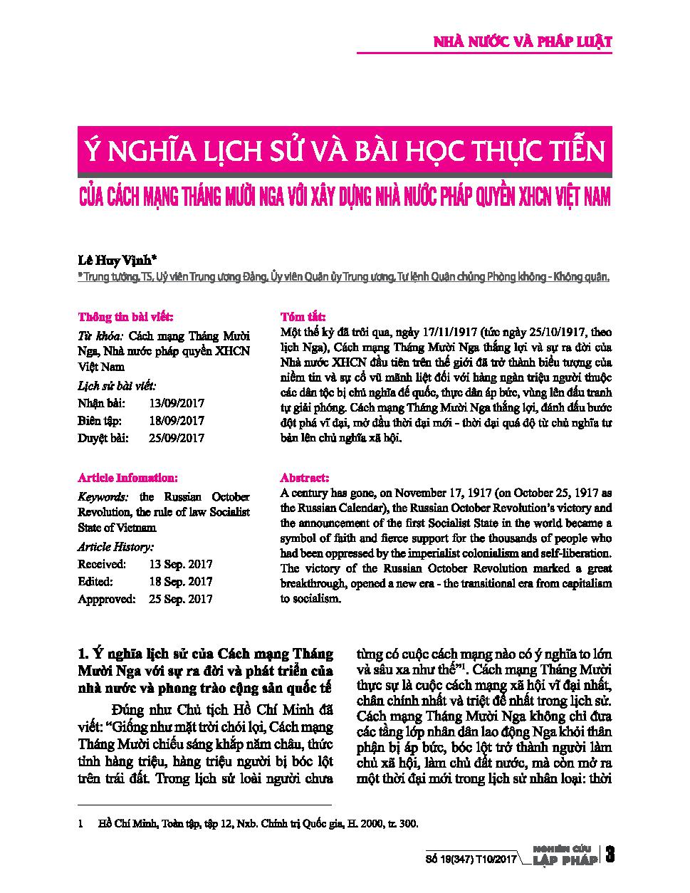 Ý nghĩa lịch sử và bài học thực tiễn của cách mạng tháng mười Nga với xây dựng nhà nước pháp quyền XHCN Việt Nam