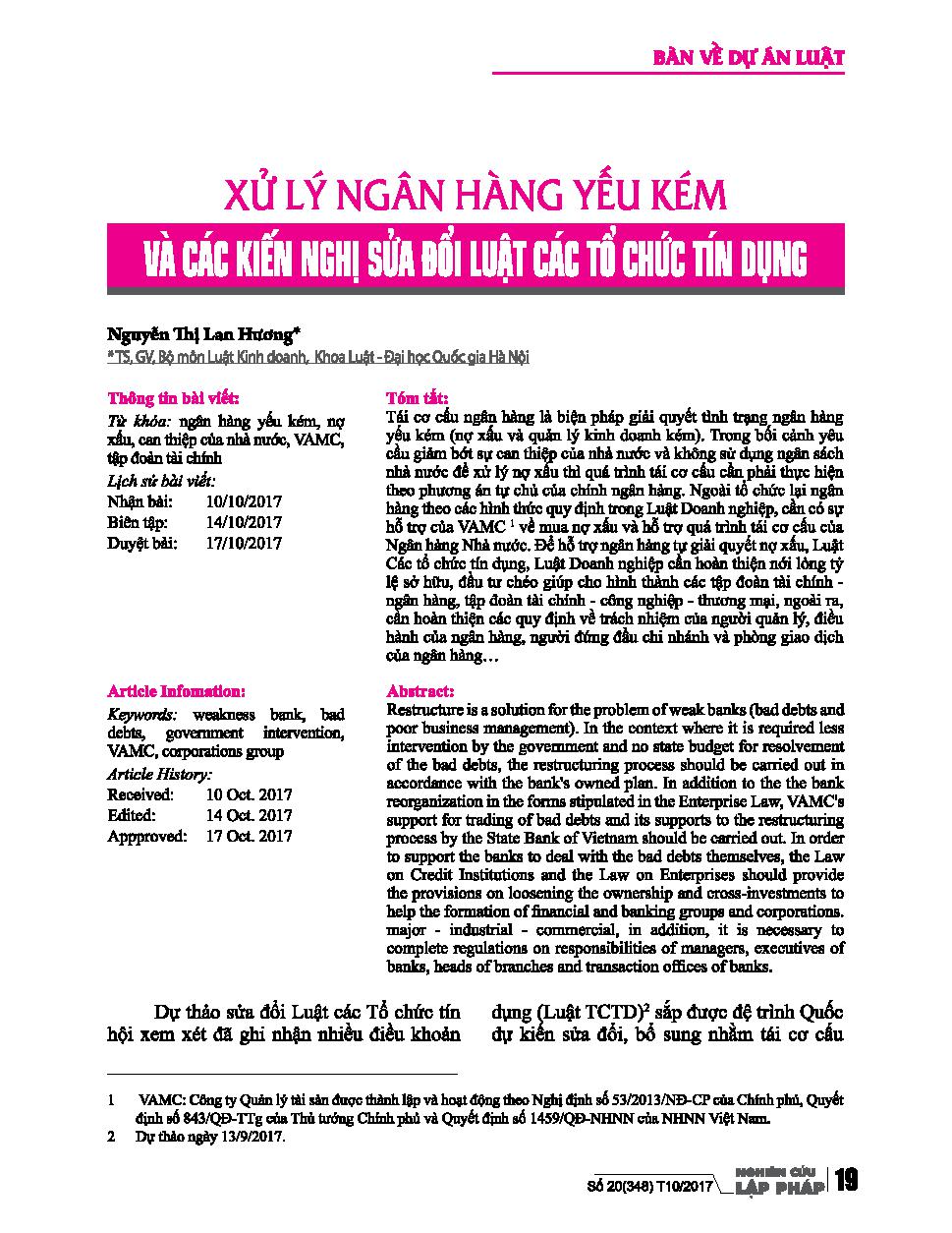 Xử lý ngân hàng yếu kém và các kiến nghị sửa đổi luật các tổ chức tín dụng