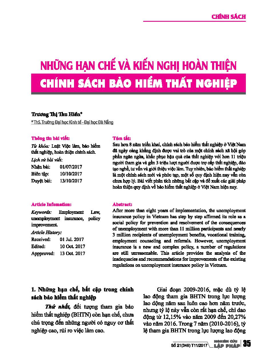 Những hạn chế và kiến nghị hoàn thiện chính sách bảo hiểm thất nghiệp