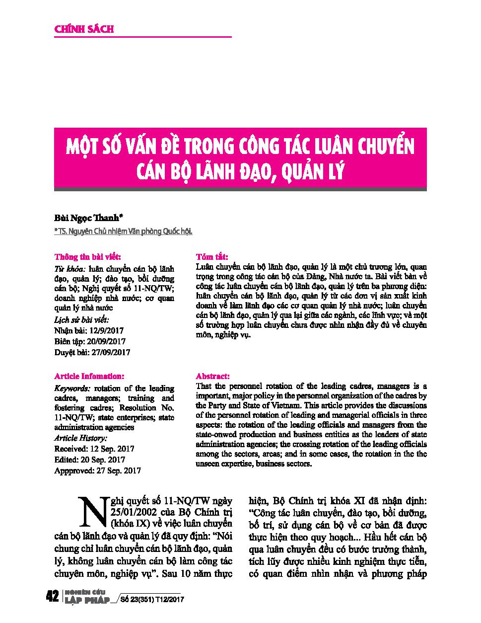 Một số vấn đề trong công tác luân chuyển cán bộ lãnh đạo, quản lý