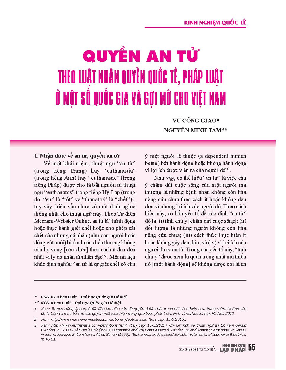 Quyền an tử theo luật nhân quyền quốc tế, pháp luật ở một số quốc gia và gợi mở cho Việt Nam