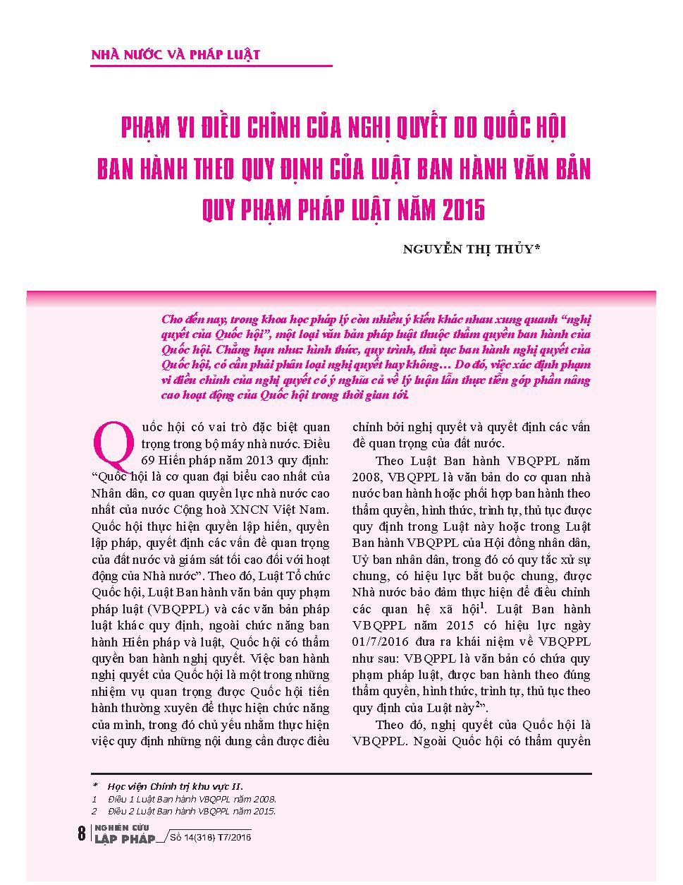 Phạm vi điều chỉnh của nghị quyết do Quốc hội ban hành theo quy định của Luật Ban hành văn bản quy phạm pháp luật năm 2015