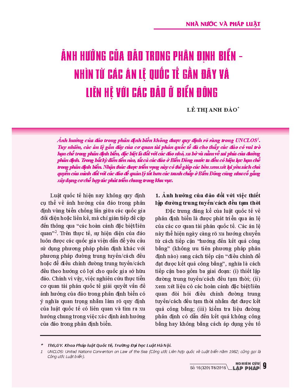 Ảnh hưởng của đảo trong phân định biển - nhìn từ các án lệ quốc tế gần đây và liên lệ các đảo ở biển Đông