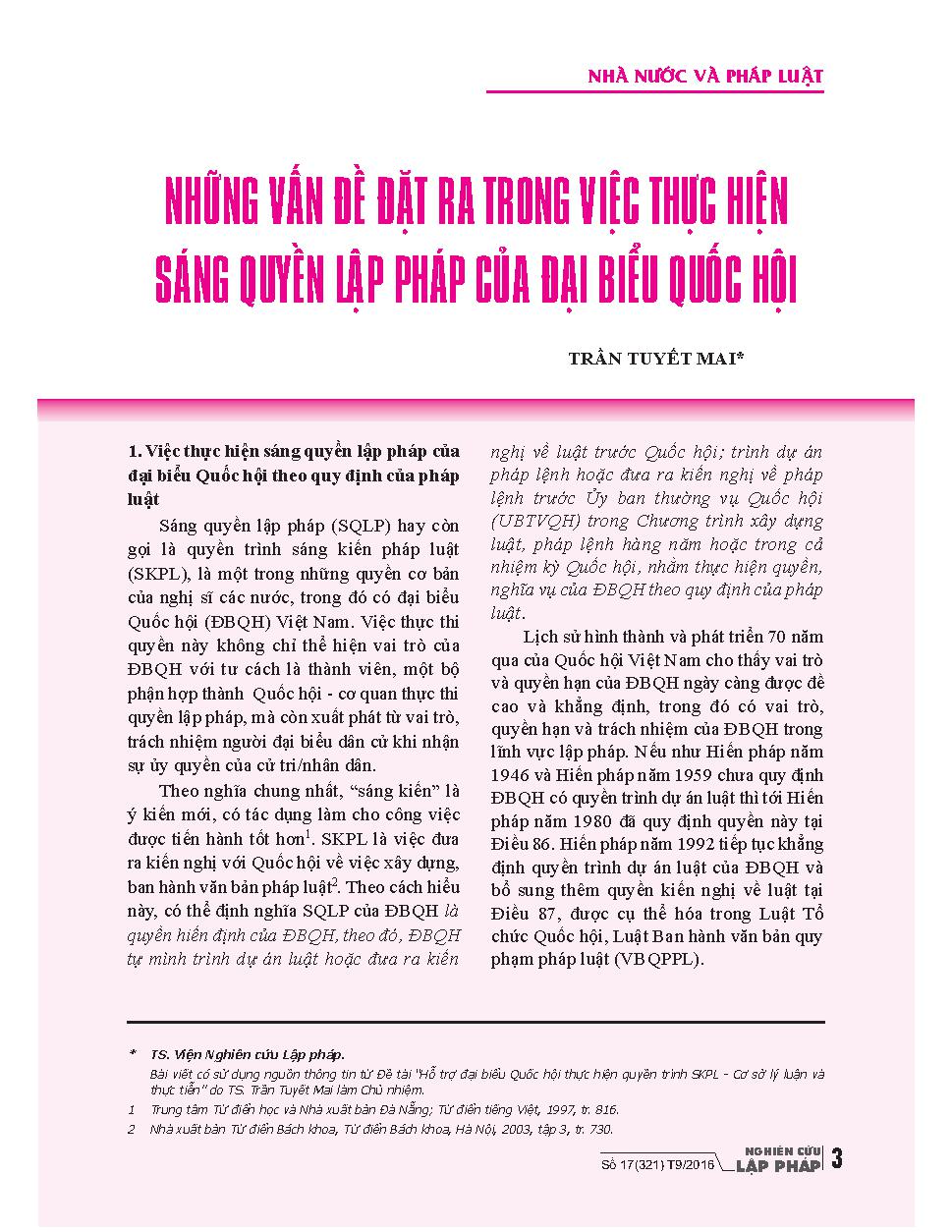 Những vấn đề đặt ra trong việc thực hiện sáng quyền lập pháp của đại biểu quốc hội