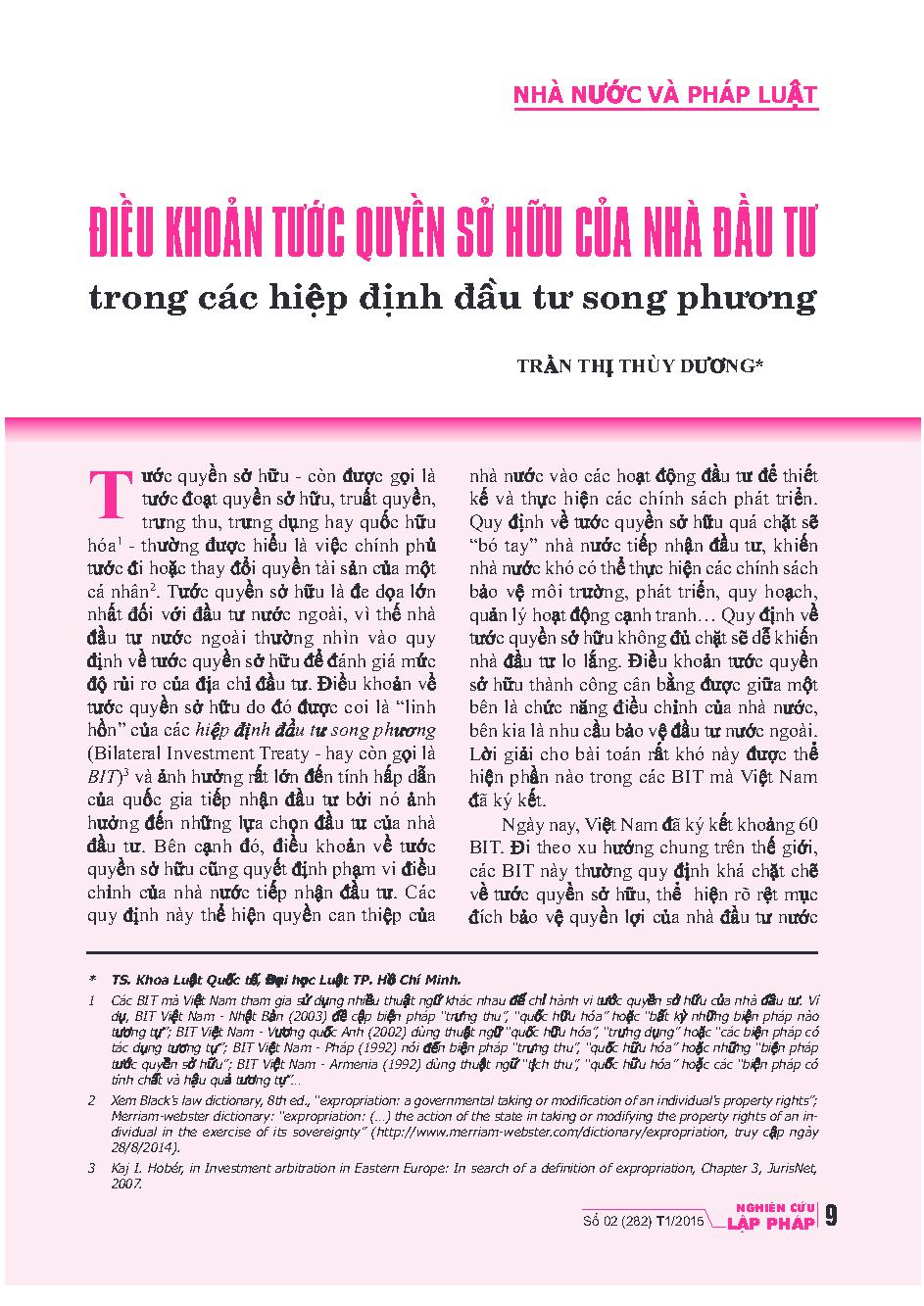 Điều khoản tước quyền sở hữu của nhà đầu tư trong các hiệp định đầu tư song phương