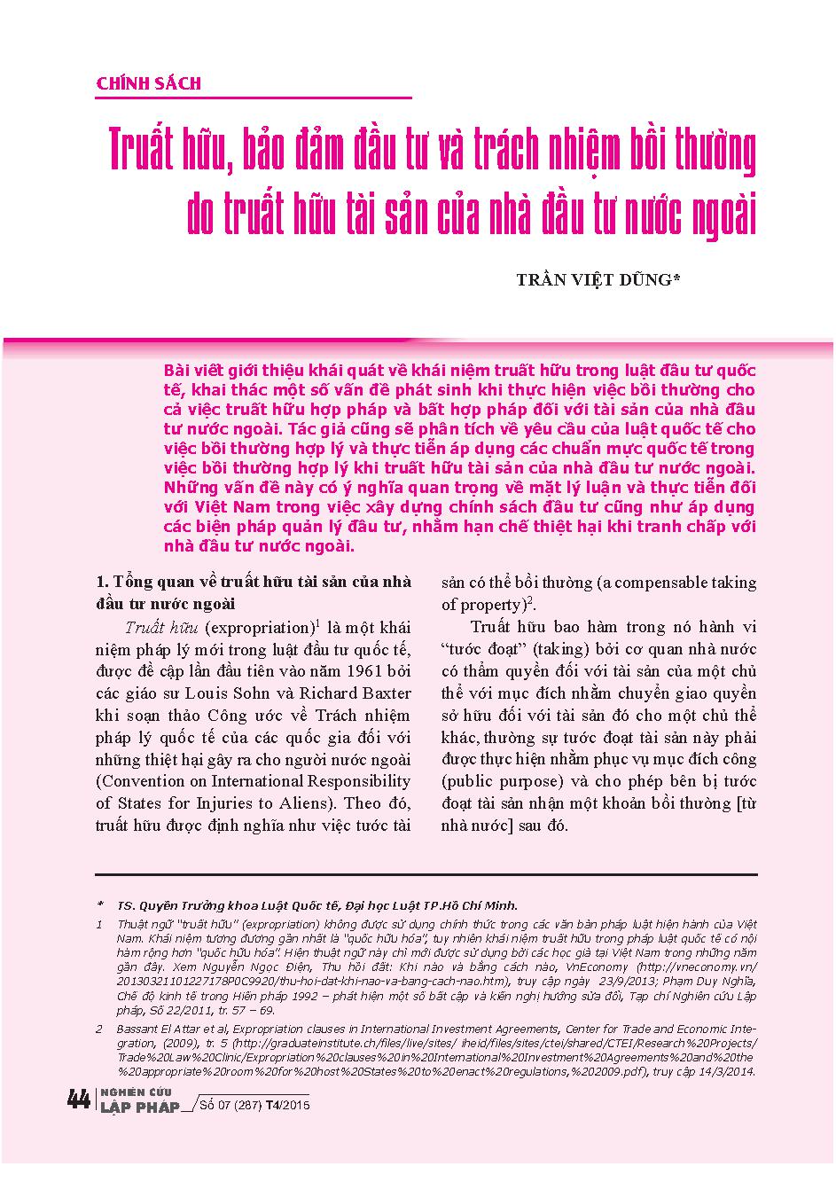 Truất hữu, bảo đảm đầu tư và trách nhiệm bồi thường do truất hữu tài sản của nhà đầu tư nước ngoài
