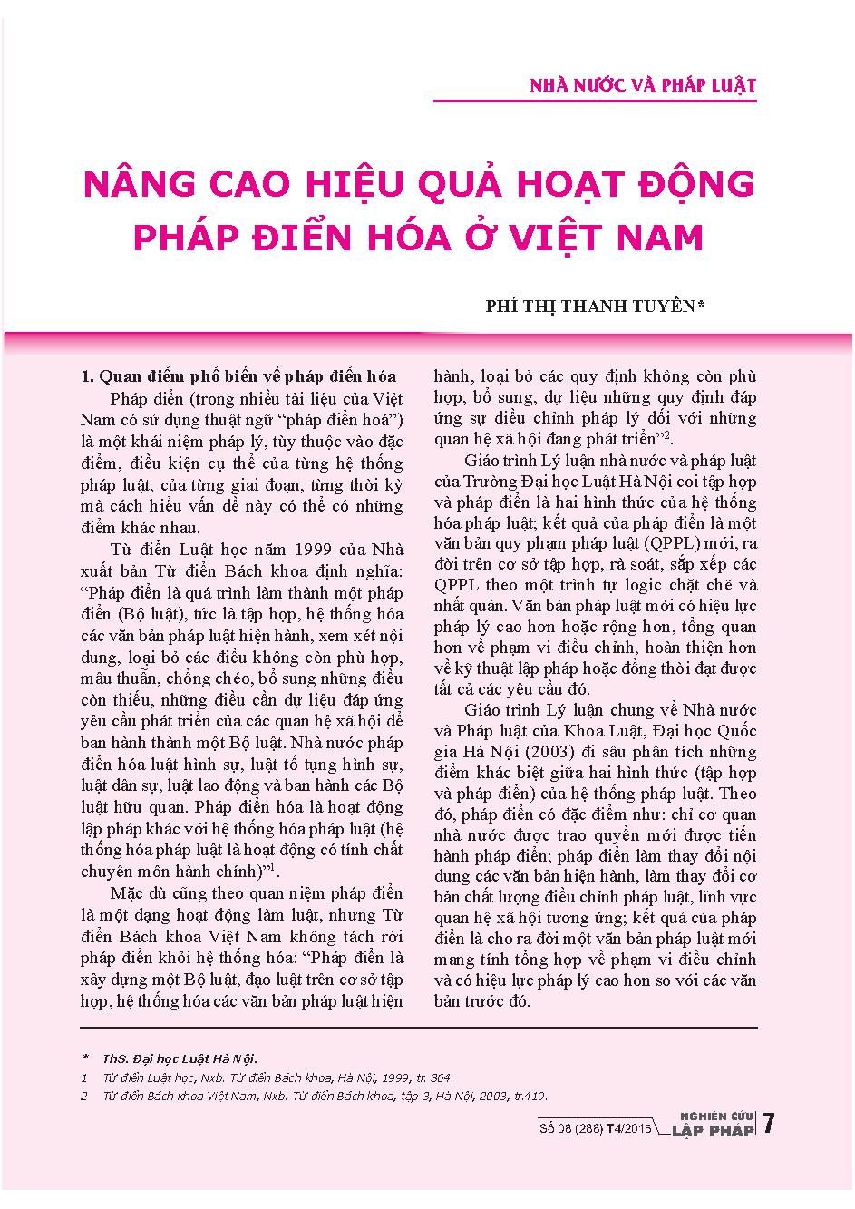 Nâng cao hiệu quả hoạt động pháp điển hóa ở Việt Nam