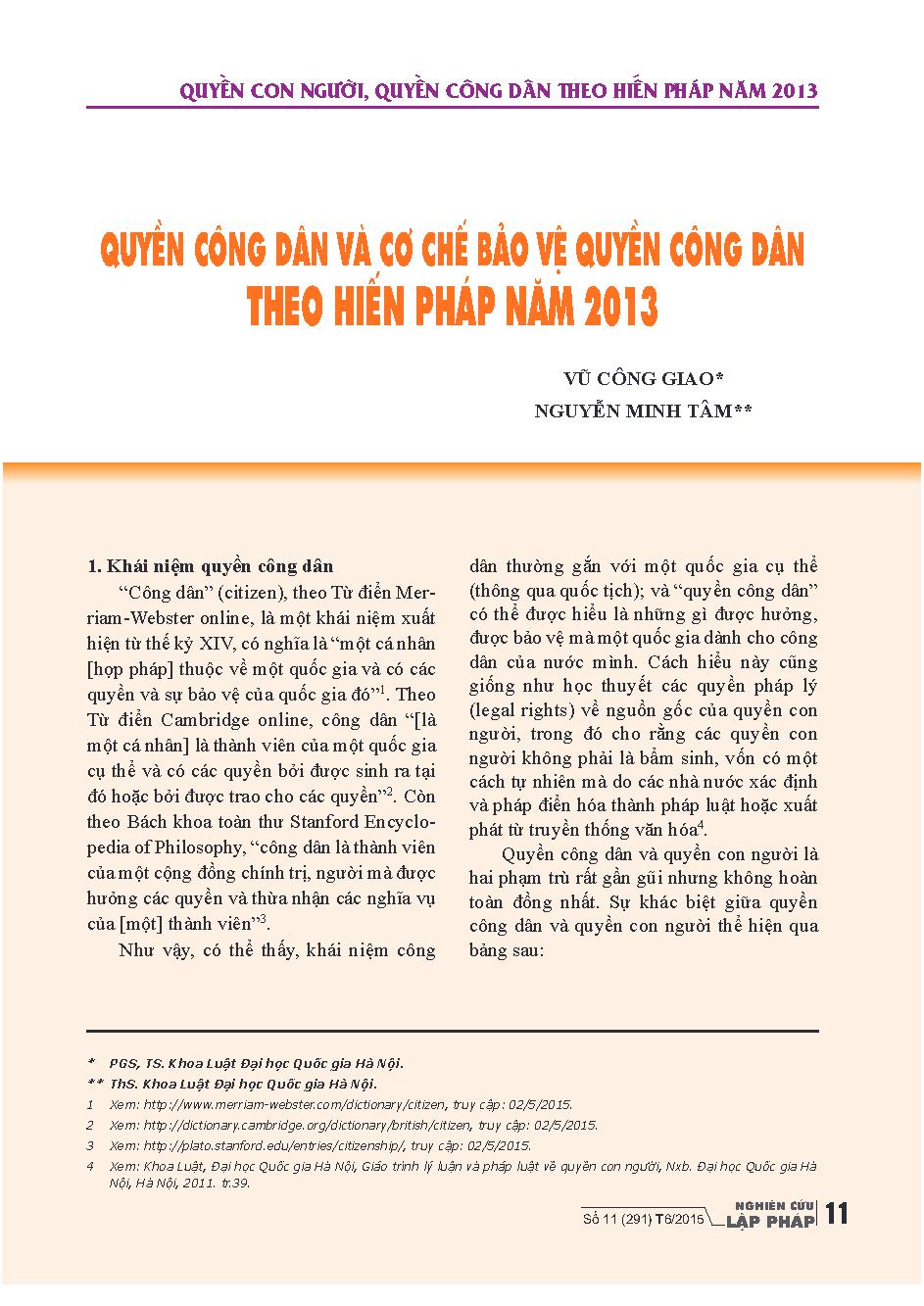 Quyền công dân và cơ chế bảo vệ quyền công dân theo Hiến pháp năm 2013