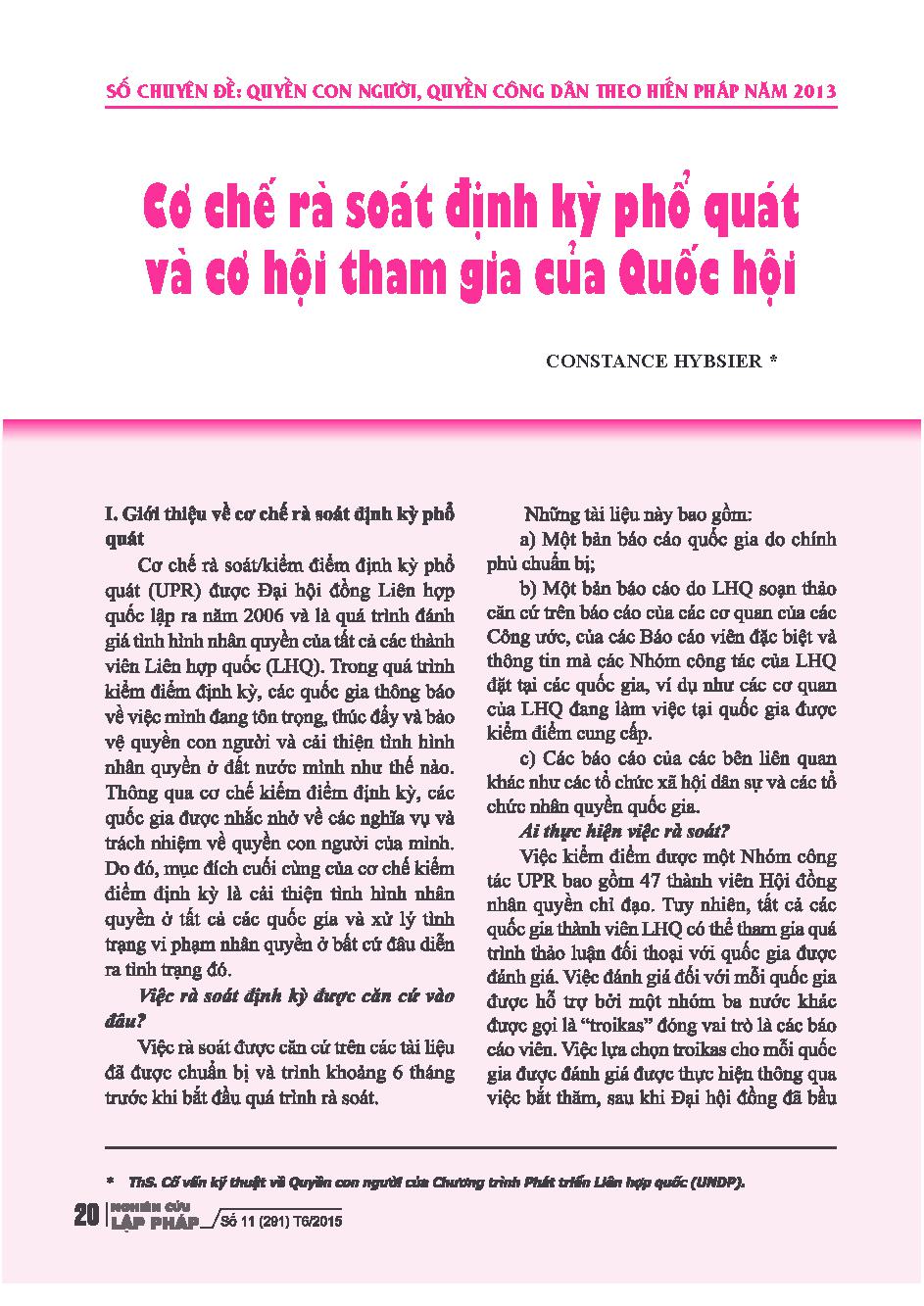 Cơ chế rà soát định kỳ phổ quát và cơ hội tham gia của Quốc hội