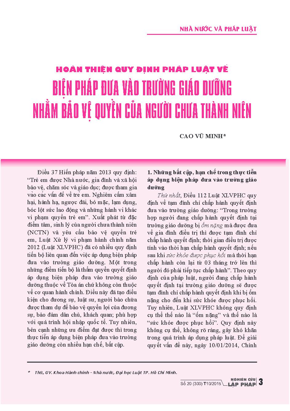 Hoàn thiện quy định pháp luật về biện pháp đưa vào trường giáo dưỡng nhằm bảo vệ quyền của người chưa thành niên