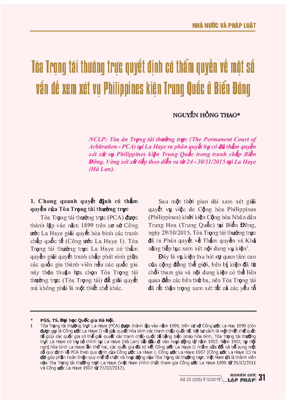 Trọng tài thường trực quyết định có thẩm quyền về một số vấn đề xem xét vụ Philippines kiện Trung Quốc ở Biển Đông