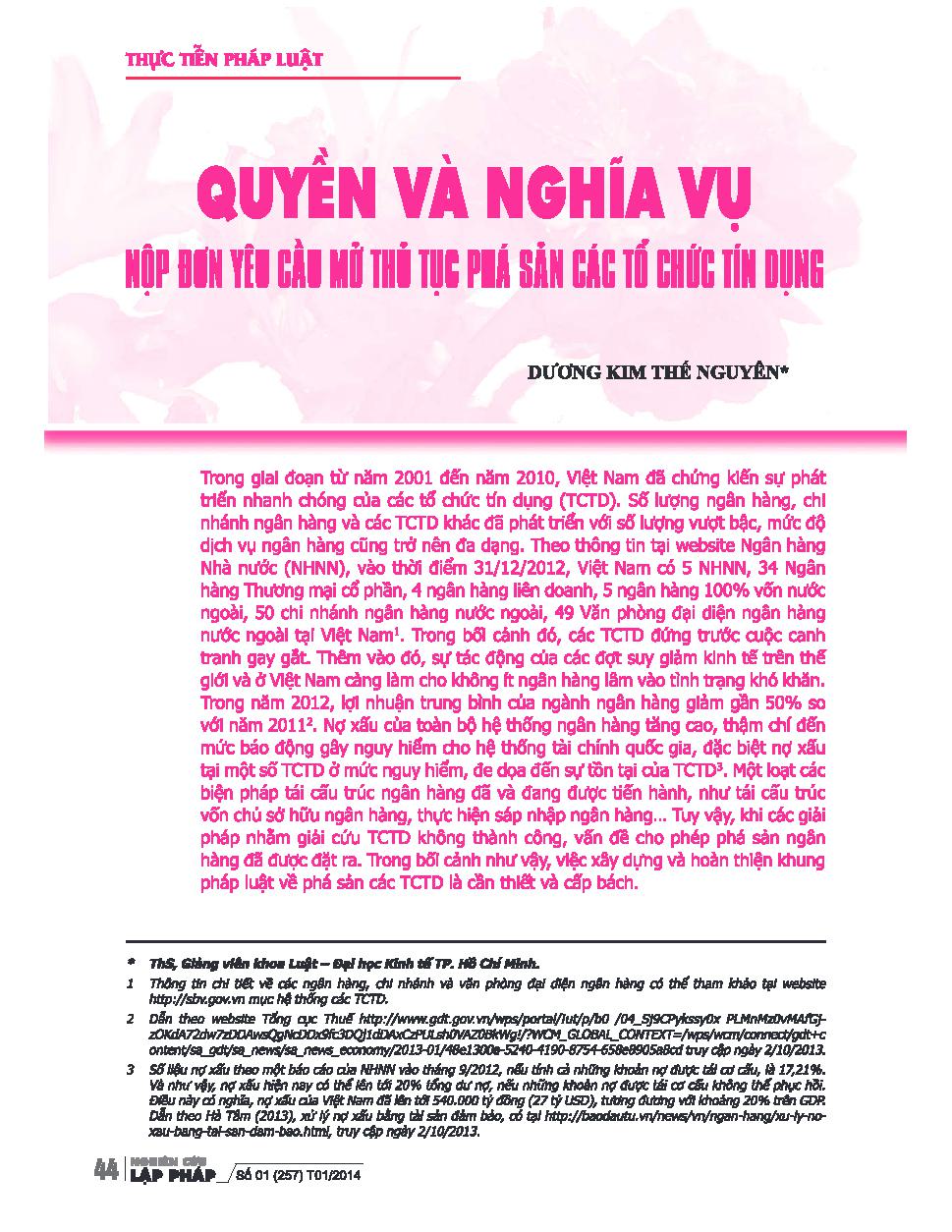 Quyền và nghĩa vụ nộp đơn yêu cầu mở thủ tục phá sản các tổ chức tín dụng