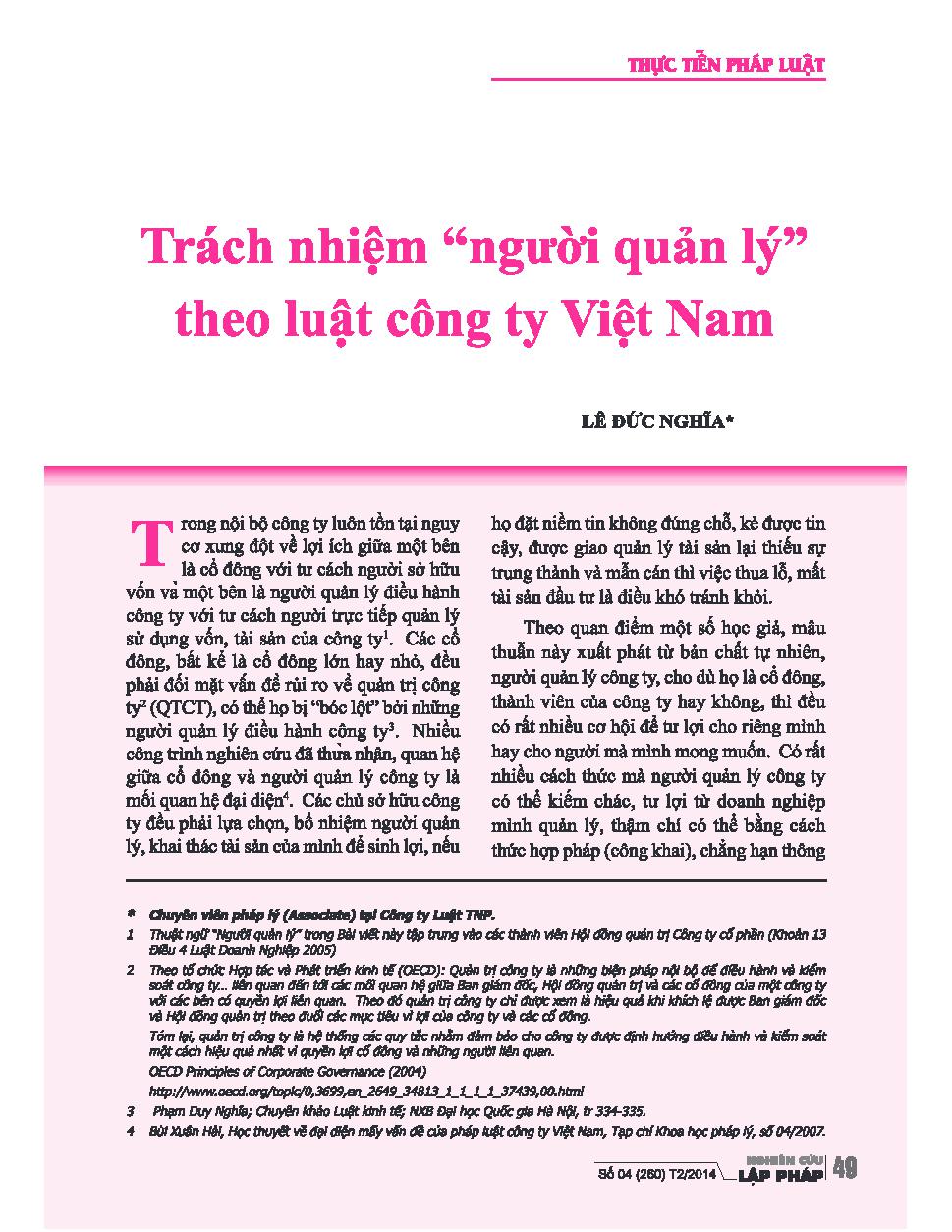 Trách nhiệm "người quản lý" theo luật công ty Việt Nam