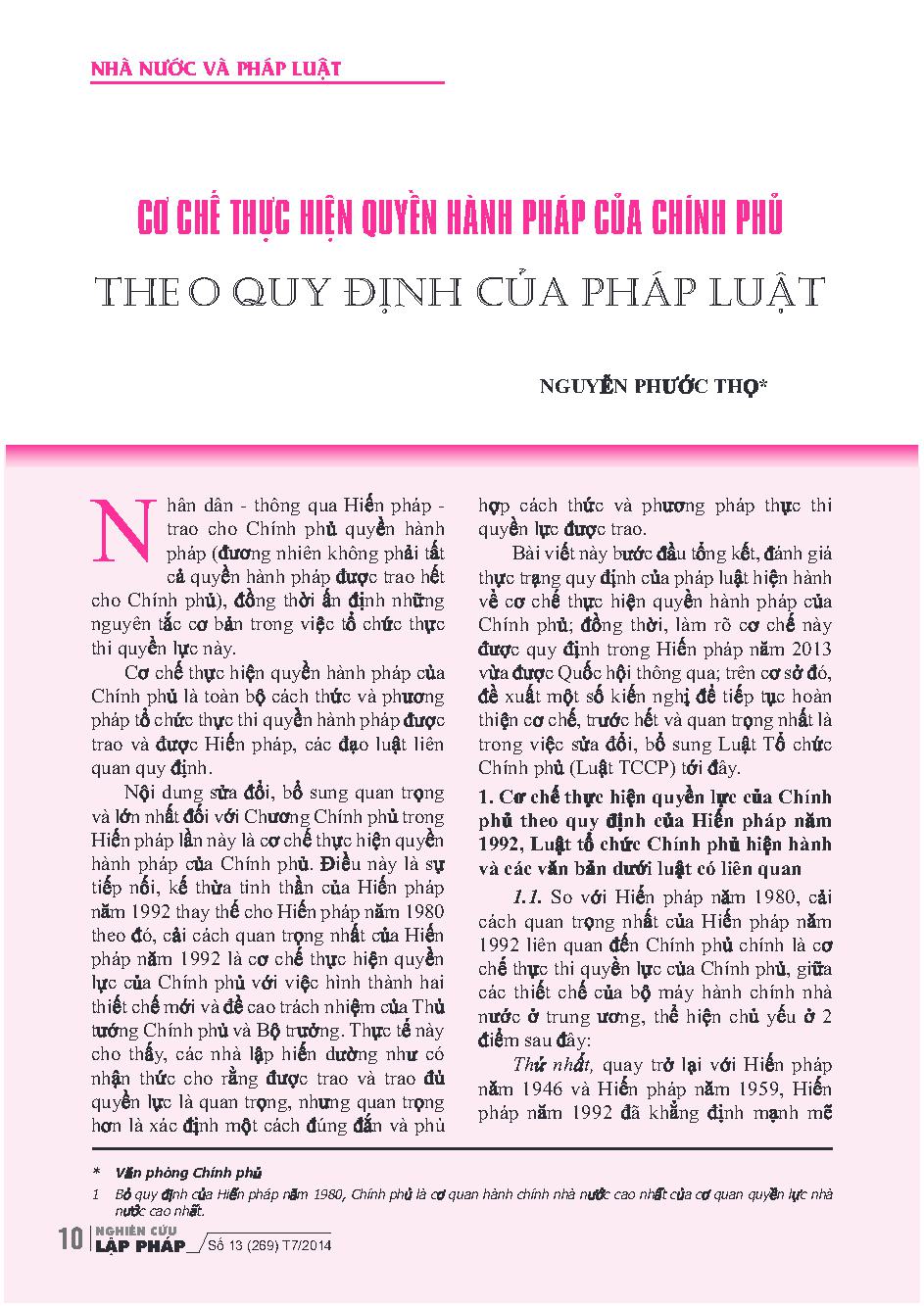 Cơ chế thực hiện quyền hành pháp của Chính phủ theo quy định của pháp luật