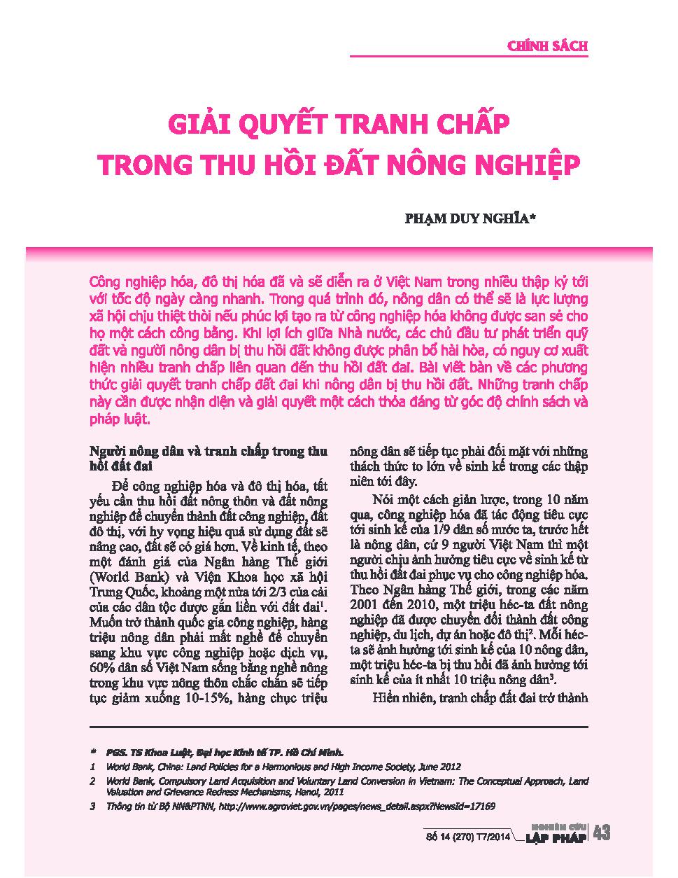 Giải quyết tranh chấp trong thu hồi đất nông nghiệp