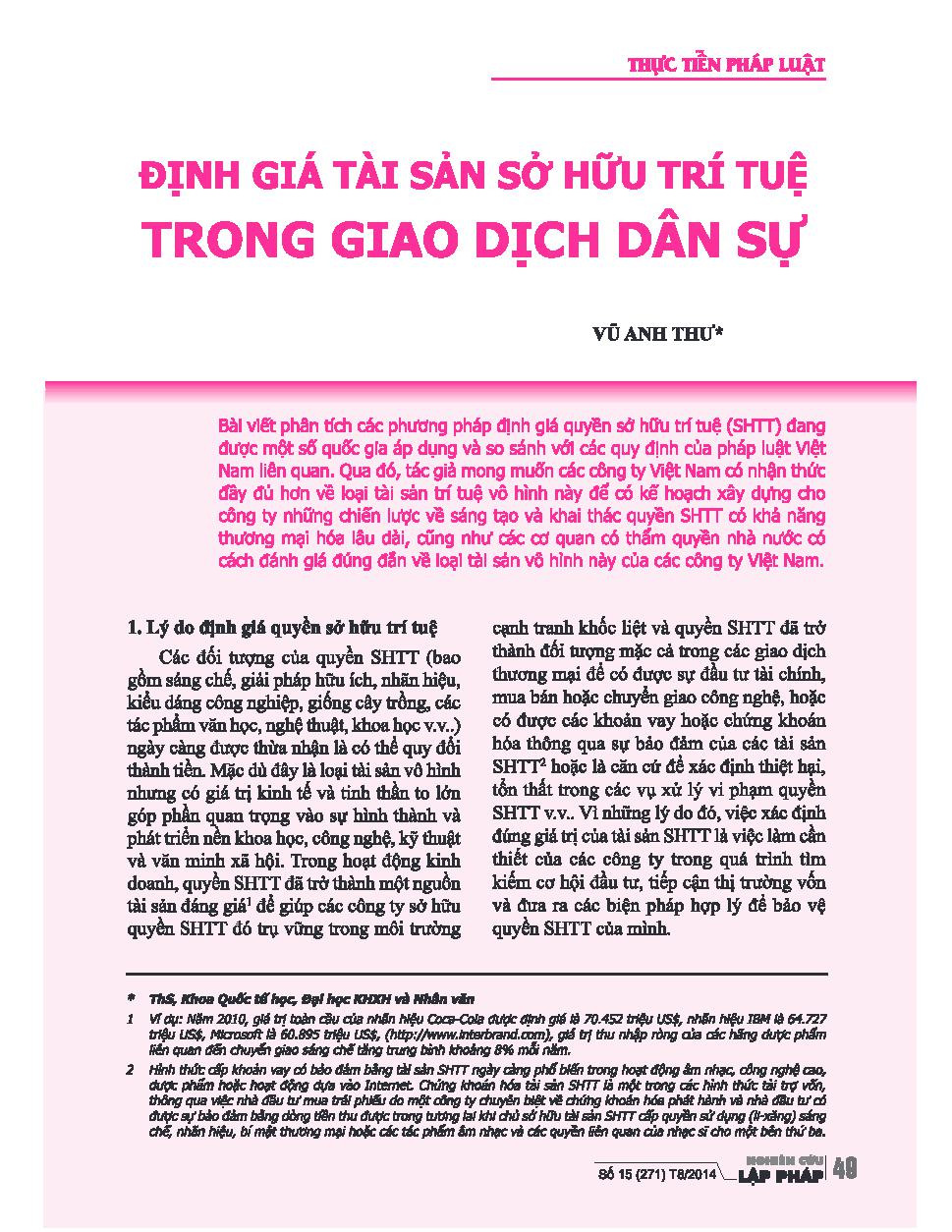 Định giá tài sản sở hữu trí tuệ trong giao dịch dân sự