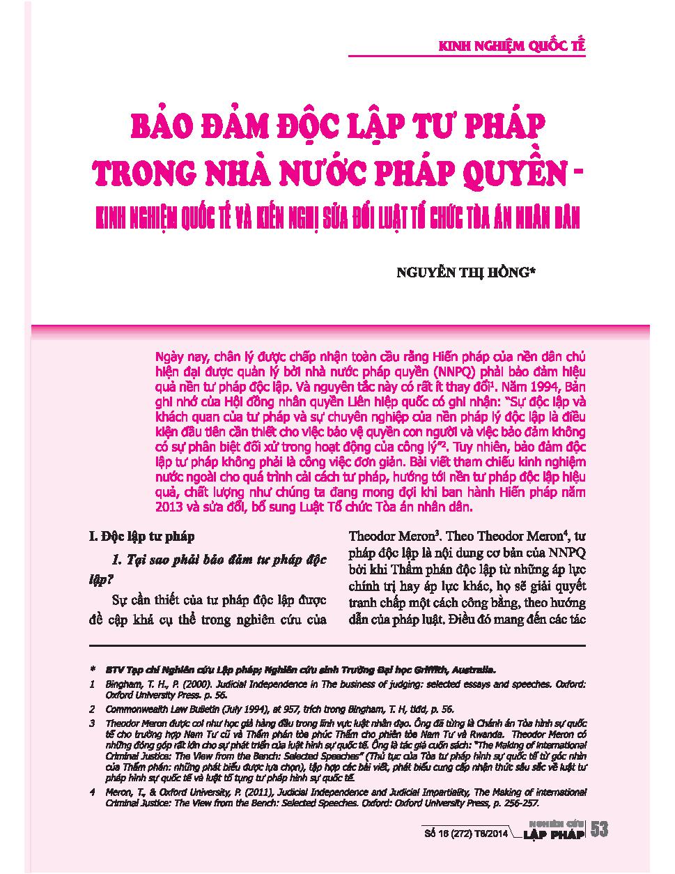 Đảm bảo độc lập tư pháp trong nhà nước pháp quyền - kinh nghiệm quốc tế và kiến nghị sửa đổi Luật Tổ chức tòa án nhân dân