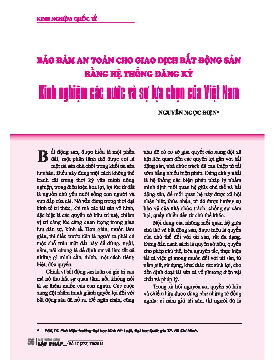 Đảm bảo an toàn cho giao dịch bất động sản bằng hệ thống đăng ký - Kinh nghiệm các nước và sự lựa chọn của Việt Nam