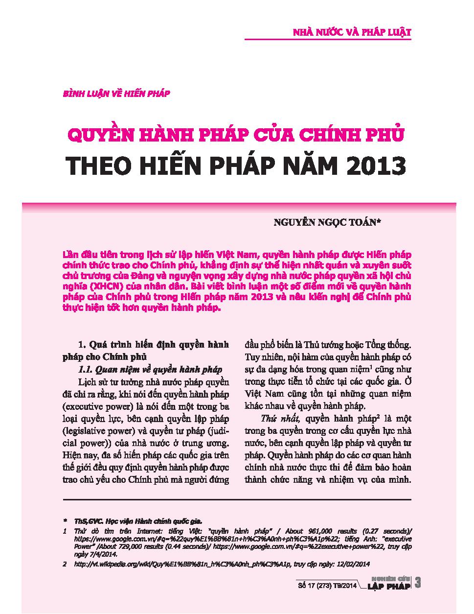 Quyền hành pháp của Chính phủ theo Hiến pháp năm 2013