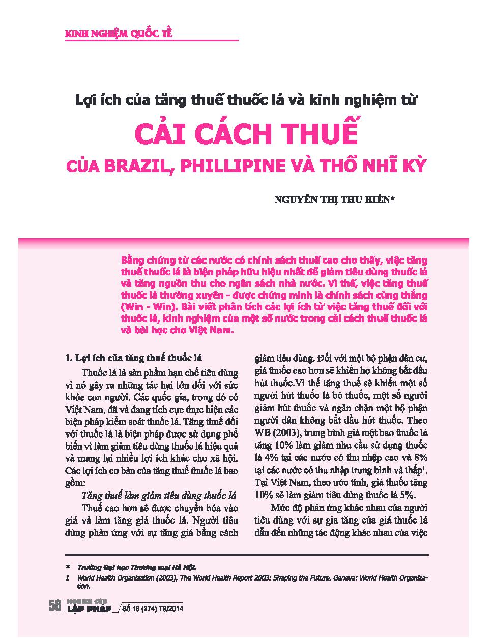 Lợi ích của tăng thuế thuốc lá và kinh nghiệm từ cải cách thuế của Brazil, Phillipine và Thổ Nhĩ Kỳ