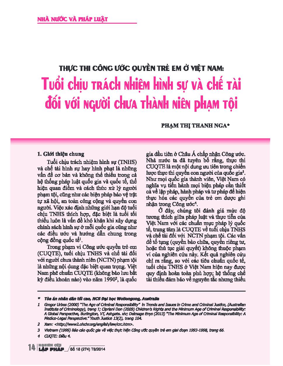 Thực thi Công ước Quyền trẻ em ở Việt Nam: Tuổi chịu trách nhiệm hình sự và chế tài đối với người chưa thành niên phạm tội