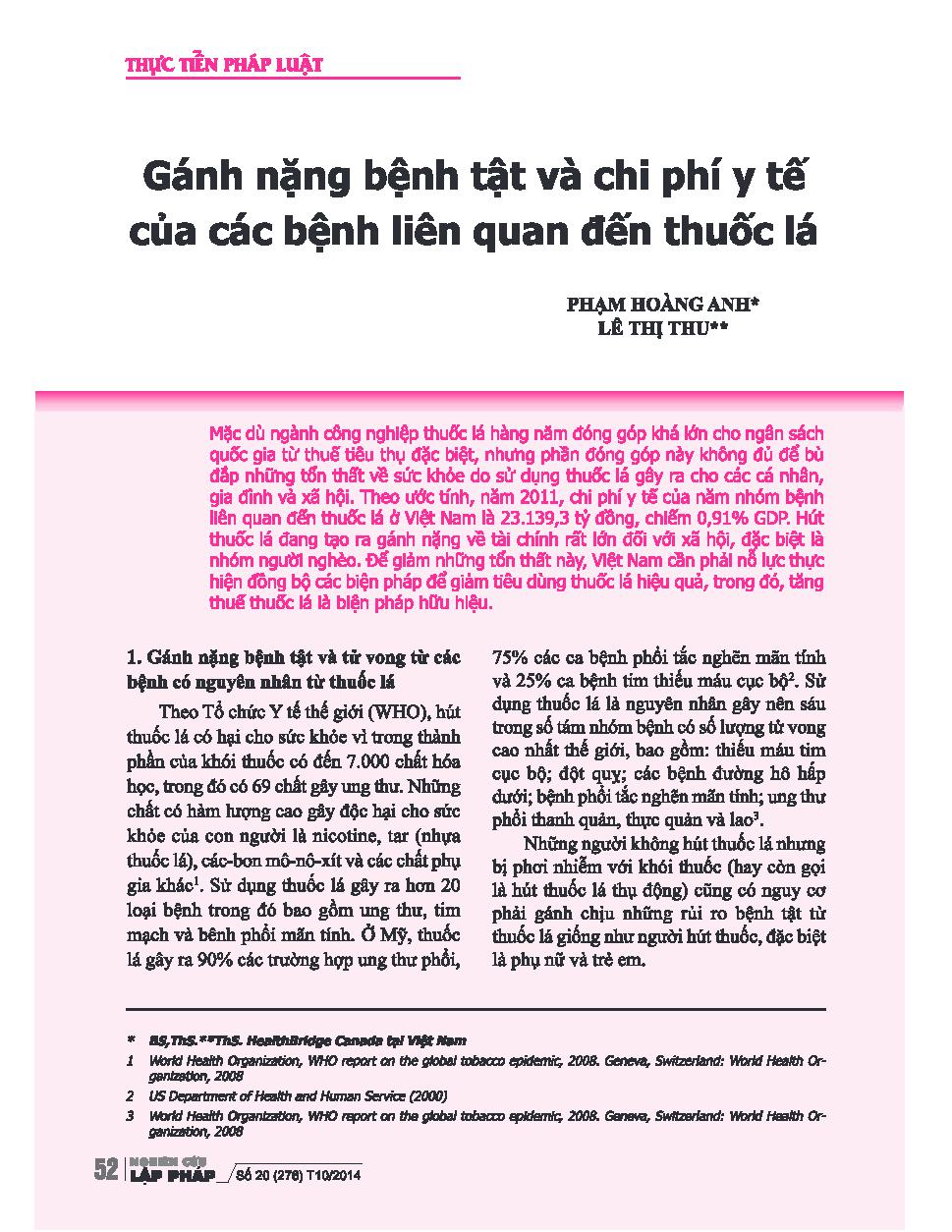 Gánh nặng bệnh tật và chi phí y tế của các bệnh liên quan đến thuốc lá