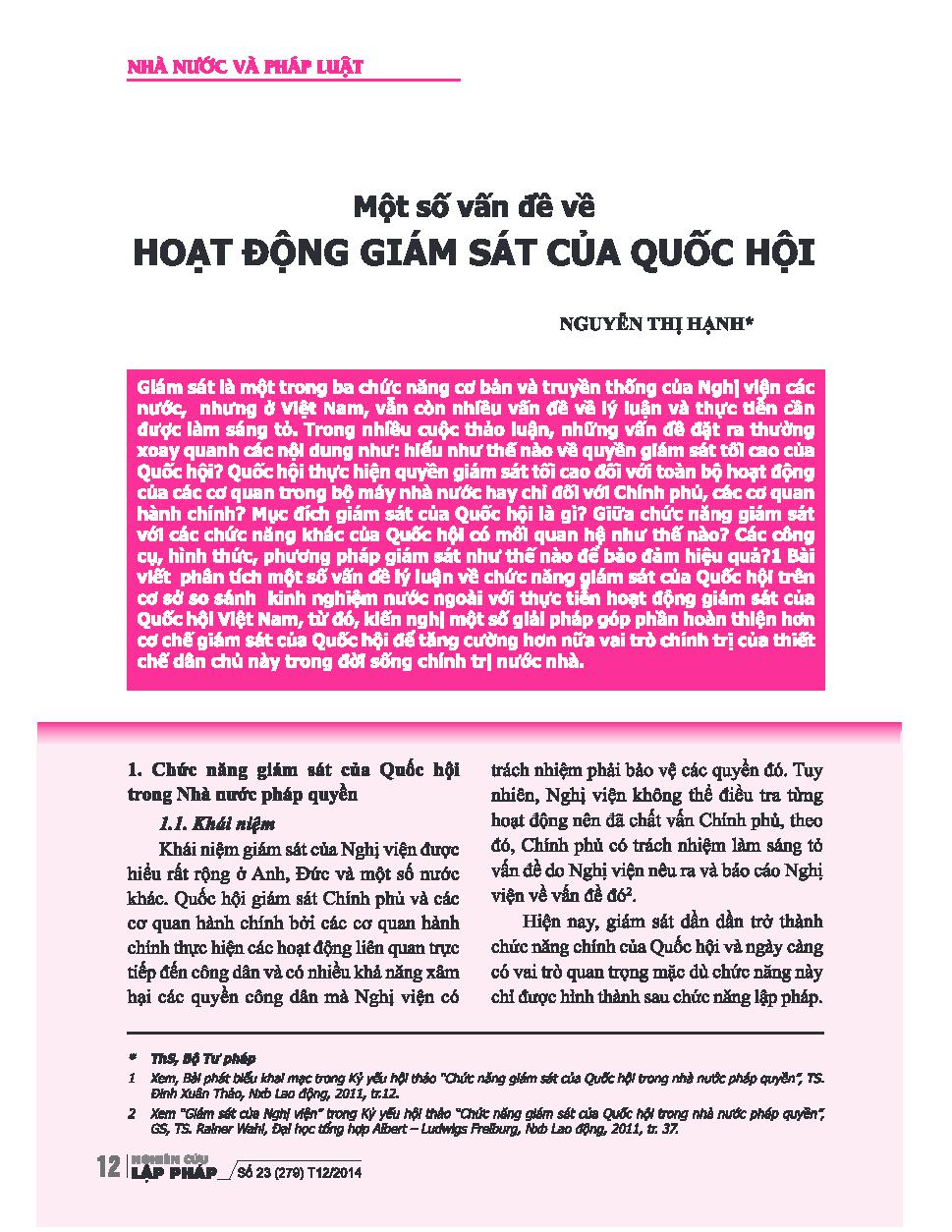 Một số vấn đề về hoạt động giám sát của Quốc Hội