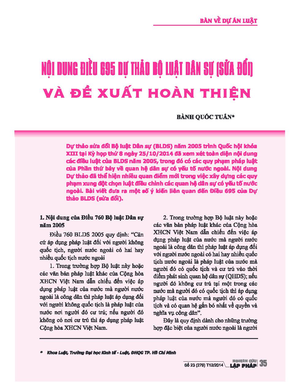 Nội dung điều 695 dự thảo bộ luật dân sự (sửa đổi) và đề xuất hoàn thiện