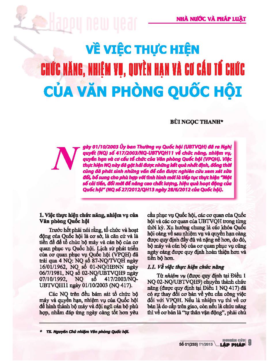 Về việc thực hiện chức năng, nhiệm vụ, quyền hạn và cơ cấu tổ chức của văn phòng Quốc hội