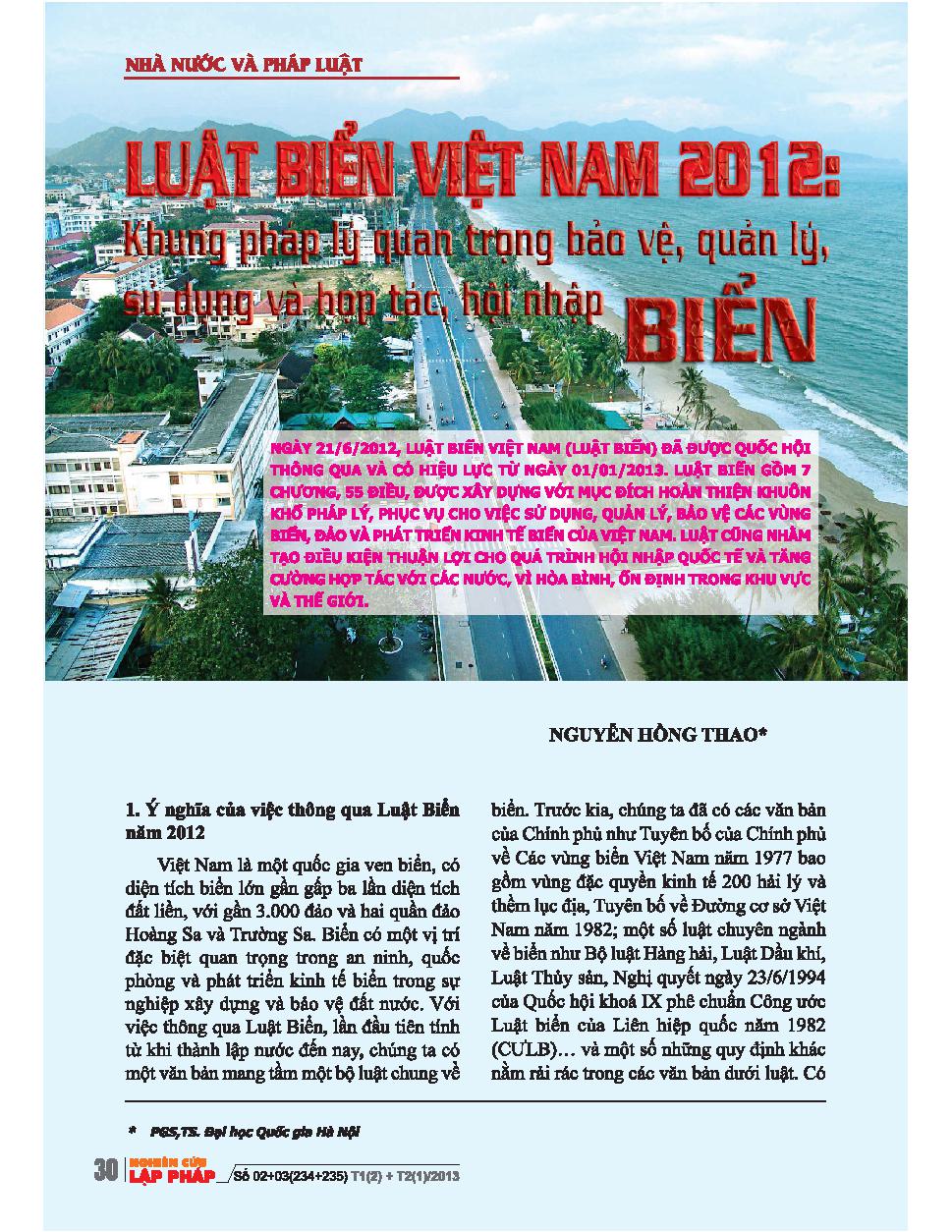 Luật biển Việt Nam 2012: Khung pháp lí quan trọng bảo vệ, quản lý, sử dụng và hợp tác, hội nhập Biển